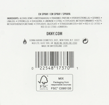 Tył opakowania perfum DKNY Be Delicious Fresh Blossom: kod kreskowy, skład, logo FSC i dane producenta.