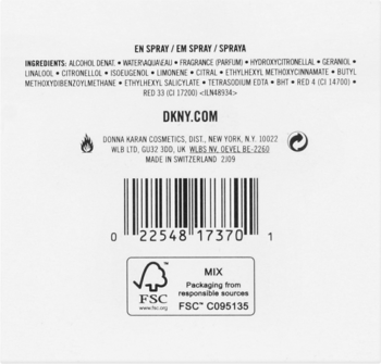 Tył białego opakowania perfum DKNY Be Delicious Fresh Blossom EDP z listą składników, kodem kreskowym i etykietą FSC.