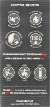Infografika Dafi Mg+ o korzyściach filtra: dodaje magnez, poprawia smak, wydajność 150L, zastosowania.
