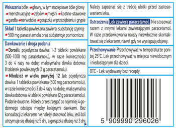 Fragment ulotki leku Apap z paracetamolem: wskazania, dawkowanie, ostrzeżenia, widoczny kod kreskowy.