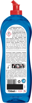 Tył niebieskiej butelki nabłyszczacza do zmywarek Somat 750ml, z czerwoną nakrętką i widocznymi etykietami.