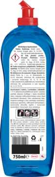 Tył niebieskiej butelki Somat Duo Power Experts 750ml z czerwoną zakrętką i białą etykietą z opisem produktu.