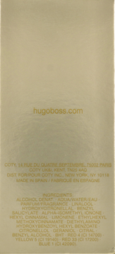 Tył beżowego opakowania perfum Hugo Boss XX, widoczna lista składników, dane producenta i kraj produkcji.