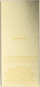 Złote opakowanie perfum Hugo Boss, tył z czytelnym wykazem składników i adresem producenta.