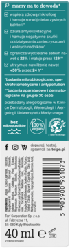 Tył opakowania matującego dermokosmetyku Tołpa 40 ml, widoczne obietnice działania, ikony i kod kreskowy.