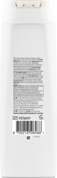 Tył białej butelki szamponu Pantene dla cienkich włosów, z listą składników i kodem kreskowym.