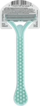 Tył miętowej maszynki jednorazowej Gillette Simply Venus 2 z dwoma ostrzami, teksturowanym uchwytem i kodem kreskowym na opakowaniu.