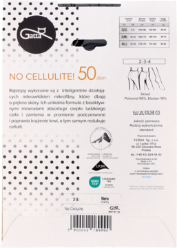 Tył opakowania rajstop Gatta 50 den No Cellulite, z polskim opisem, tabelą rozmiarów i kodem kreskowym.