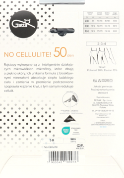 Tył opakowania rajstop Gatta antycellulitowych. Widoczny napis NO CELLULITE! i informacje o przędzy.
