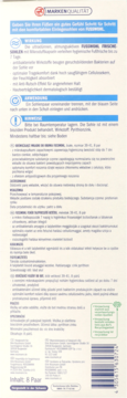 Tył opakowania wkładek do butów Fusswohl, rozm. 39-41, 8 par. Opis produktu, cechy antybakteryjne i barcode.