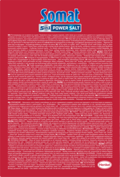 Tył czerwonego opakowania soli do zmywarki Somat 5in1 Power Salt, z instrukcjami w wielu językach i logo Henkel.