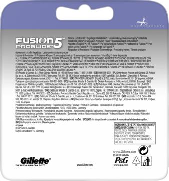 Tył opakowania ostrzy Gillette Fusion 5 ProGlide: biały kartonik z fioletowymi brzegami i tekstem informacyjnym.