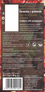 Tył opakowania herbaty owocowej BiFIX Żurawina z granatem, z listą składników i instrukcją parzenia.