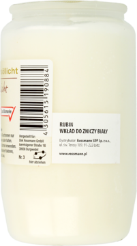 Biały wkład do zniczy Rubin nr 3, z widocznymi etykietami bocznymi i kodem kreskowym. Czas palenia: 60h.