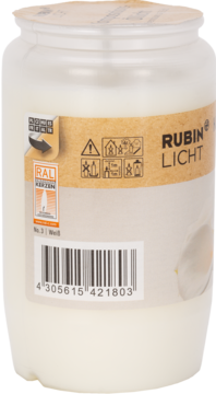 Biały wkład do zniczy Rubin nr 3, z etykietą, kodem kreskowym, ikonami bezpieczeństwa i logo RAL Kerze, widok z boku.