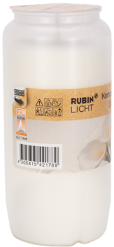 Biały cylindryczny wkład do zniczy Rubin Licht nr 7, 110h palenia, etykieta z kodem kreskowym, widok z przodu.