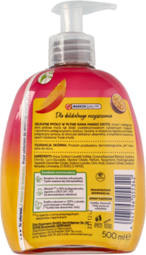 Tył butelki mydła w płynie ISANA Mango Exotic 500ml, z widoczną listą składników i symbolami recyklingu.