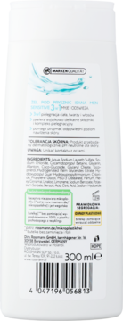 Tył białej butelki żelu pod prysznic ISANA Men 3w1 Sensitive 300ml, widoczna lista składników i kod kreskowy.