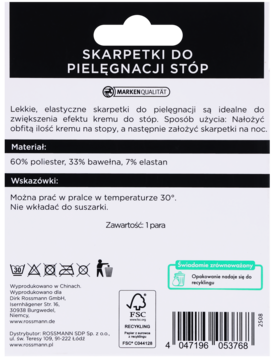 Tył czarnego opakowania skarpetek do pielęgnacji stóp Rossmann z białym tekstem, instrukcjami i kodem kreskowym.