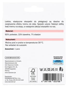 Tył opakowania białych, lekkich skarpetek do pielęgnacji stóp, z tekstem o składzie i sposobie użycia.