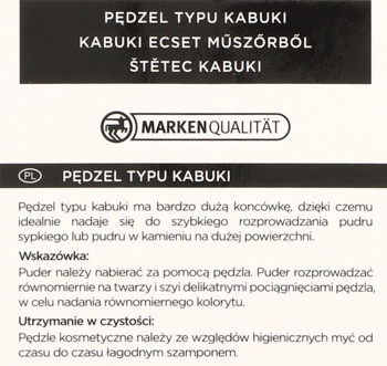 Szczegółowy opis polskiego opakowania pędzla kabuki, instrukcje użycia i pielęgnacji, logo Marken Qualität.