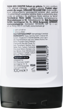 ISANA MEN SENSITIVE Balsam po goleniu, tył białej butelki z listą składników, pojemnością 100ml i kodem kreskowym.