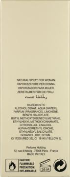 Tył opakowania perfum dla kobiet Iceberg Eau de Iceberg Jasmine, z listą składników i symbolami ostrzegawczymi.
