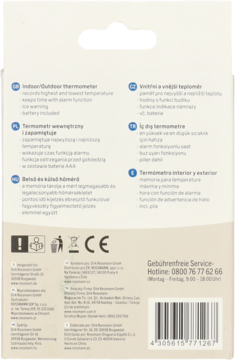 Tył beżowego opakowania termometru wewnętrznego/zewnętrznego, z opisem funkcji i danymi producenta.