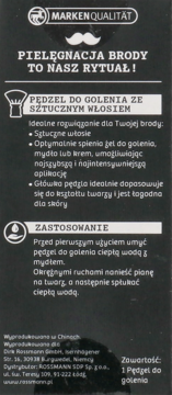 Opakowanie pędzla do golenia Isana Men z syntetycznym włosiem. Czarno-biała etykieta z instrukcją użycia.