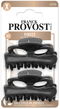 Dwie czarne klamry do włosów Franck Provost dla wszystkich typów, w przezroczystym blistrze.