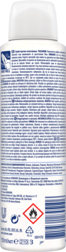 Tył białego sprayu antyperspirantu Rexona dla kobiet, z informacjami o bezpieczeństwie i kodem kreskowym.