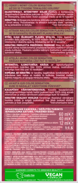 Tył opakowania farby do włosów Garnier Color Sensation, z opisem koloryzacji i składników, logo Vegan Formula.