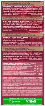 Tył opakowania farby do włosów Garnier Color Sensation. Czerwono-fioletowe z wielojęzycznym opisem, składem, logo Vegan.