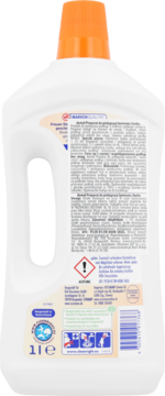 Tył białej butelki domol Preparat do pielęgnacji laminatu i korka 1le, pomarańczowa nakrętka, etykieta z tekstem i ikonami.