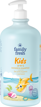 Niebieska butelka Family Fresh Kids 2-w-1 żel i szampon, front, z pompką, uśmiechnięty rekin i meduza.