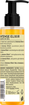 Tył butelki Syoss Intense Elixir Leave-In Oil 100ml z czarną pompką, widoczna etykieta ze składnikami.