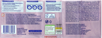 Chusteczki higieniczne z balsamem Rossmann. Tył fioletowego opakowania z kodem kreskowym i certyfikatami.