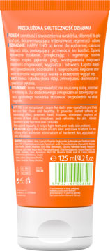 Tył pomarańczowej tubki kremu Happy End do stóp z polskim i angielskim opisem działania i składników, 125ml.