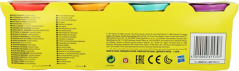 Tył żółtego opakowania Play-Doh czteropak, z widocznymi informacjami, kodem kreskowym i czterema tubami.