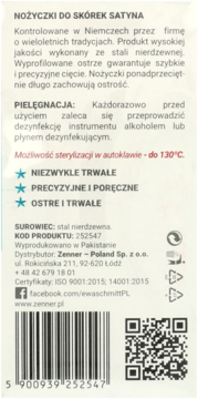 Tył opakowania nożyczek do skórek Zenner Satyna. Widoczne instrukcje, certyfikaty ISO, kod produktu 252547 i kod kreskowy.