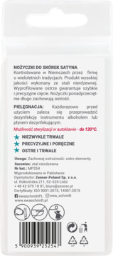 Tył białego opakowania nożyczek do skórek satyna z czarnym tekstem o cechach, pielęgnacji, pochodzeniu i symbolami.