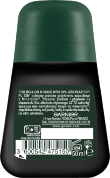 Tył czarnego roll-on antyperspirantu Garnier Men z zieloną nakrętką. Opis 72h ochrony i mniej plastiku.