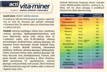 Opakowanie Acti Vita-Miner, zestaw witamin i minerałów, z przodu, obok szczegółowa tabela składu.