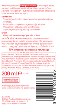 Tył białej butelki odżywki bez spłukiwania Ziaja 200ml, z opisem działania, składników i kodem kreskowym.