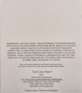 Tył białego pudełka zapachu Calvin Klein Truth Men z etykietą składników i informacjami producenta.