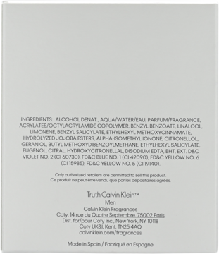 Tył jasnoszarego opakowania perfum Calvin Klein Truth Men z listą składników i danymi producenta.