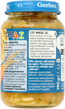 Tył słoiczka Gerber Rosół z cielęcinką 190g z niebieską nakrętką i biało-niebieską etykietą, widoczne szczegóły.