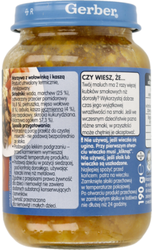 Tył szklanego słoika Gerber Razywa z wołowinką i kaszą, 190g. Biała etykieta zawiera skład i sposób przygotowania.