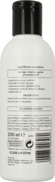 Biała butelka toniku ogórkowego "Ogórkowa receptura" 200ml, tył z opisem i składem.