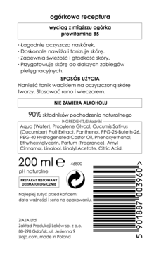 Tył białej butelki toniku Ziaja Ogórkowa Receptura 200ml, z wyciągiem z ogórka, B5, bez alkoholu.